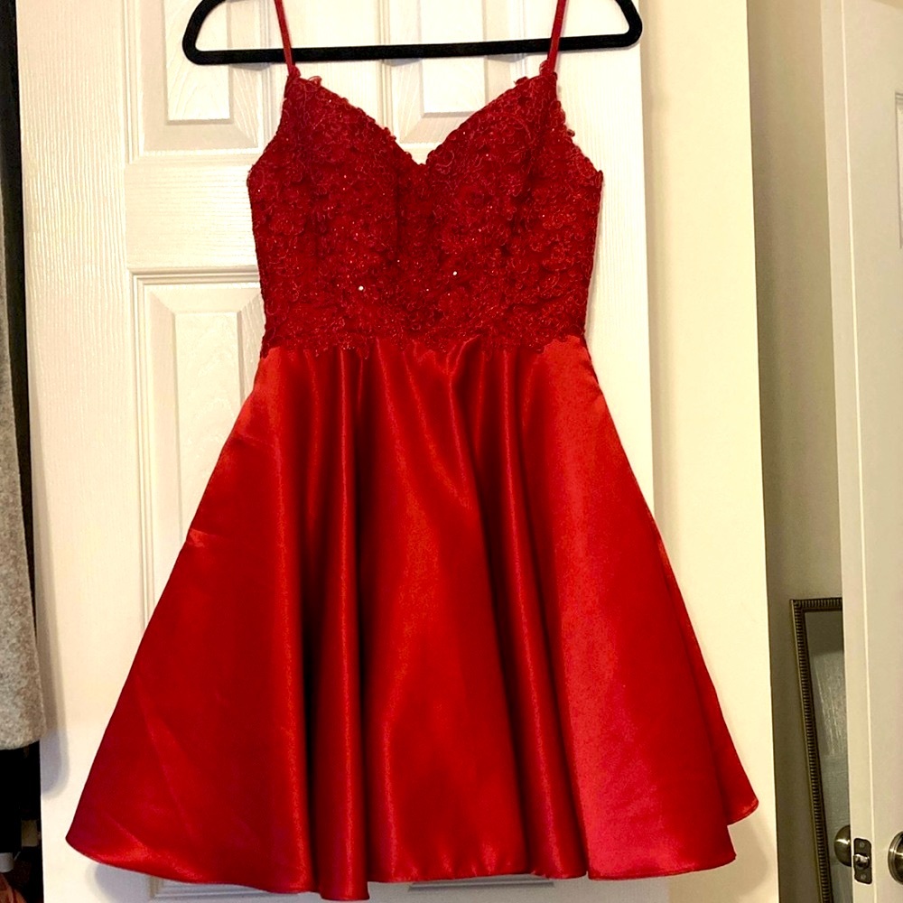 Elegant Red Satin Lace Womens Dress